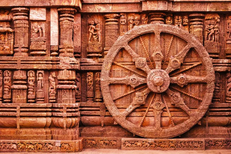 Close-up of the detailed stone carvings of the Sun Temple in Konark, showcasing exquisite ancient architecture.