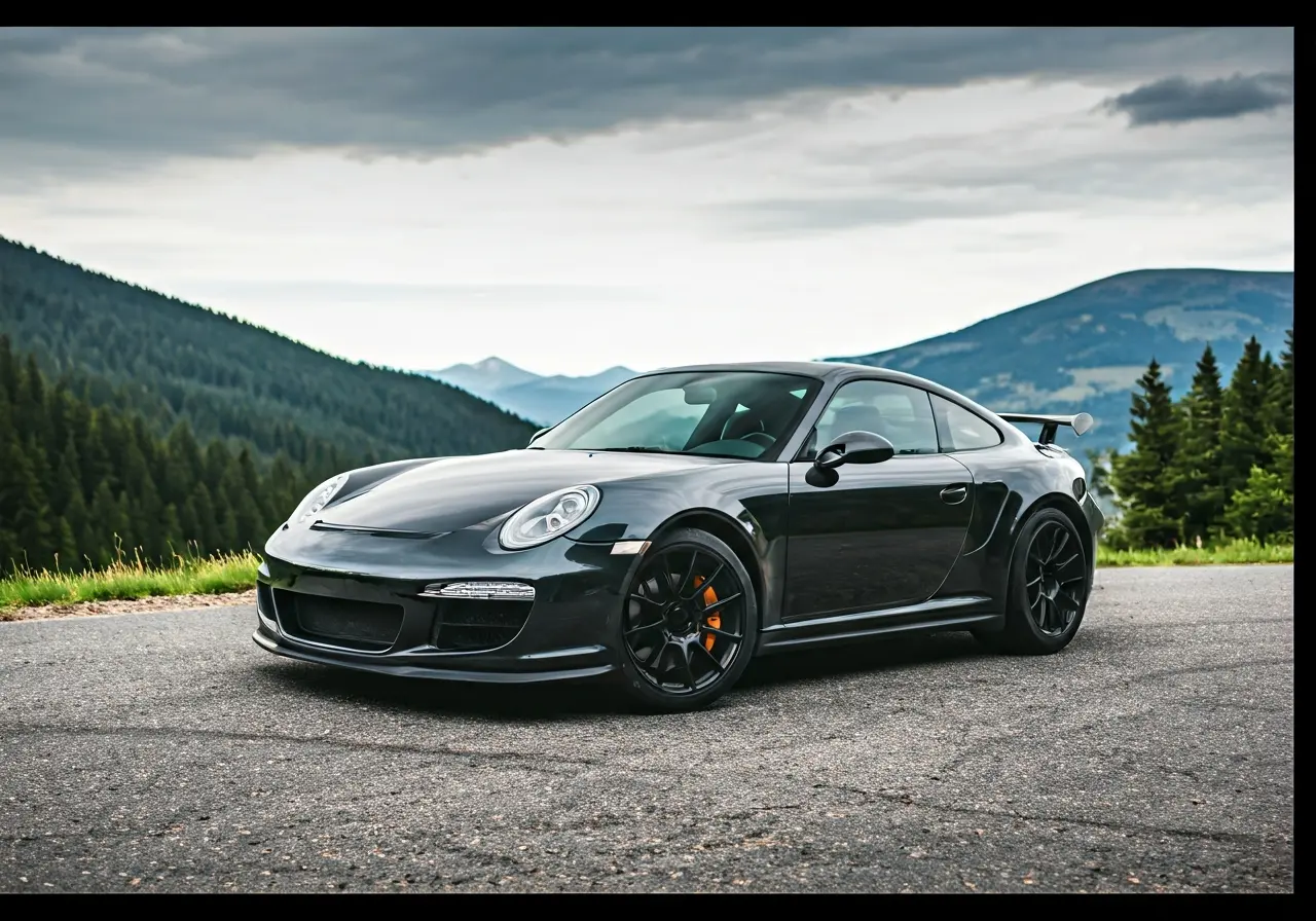 A customized sports car parked on a scenic mountain road. 35mm stock photo