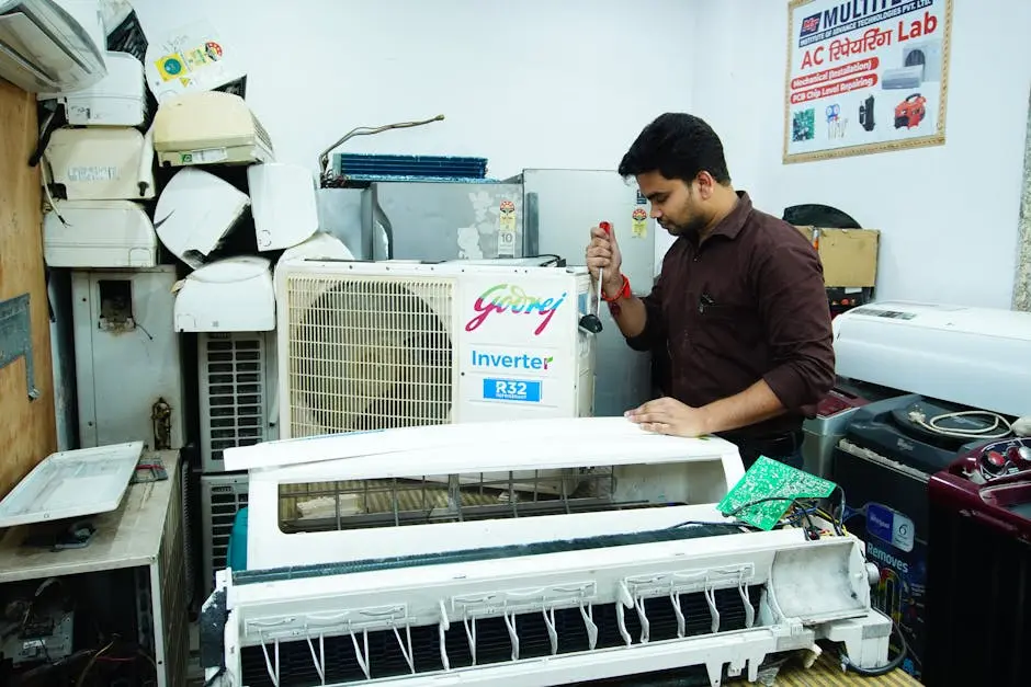 Technician repairing an air conditioner unit in New Delhi workshop.