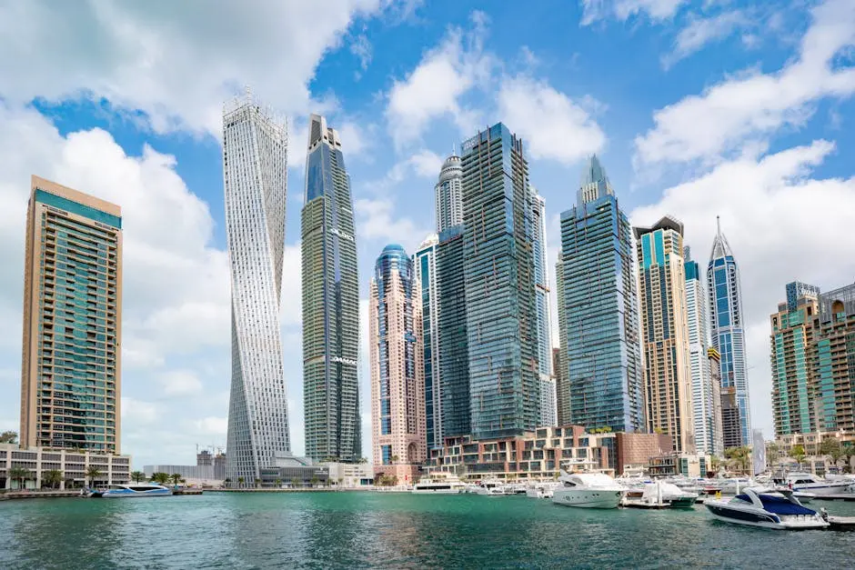 Stunning view of Dubai Marina&rsquo;s iconic skyline with high-rise skyscrapers and calm waterfront.