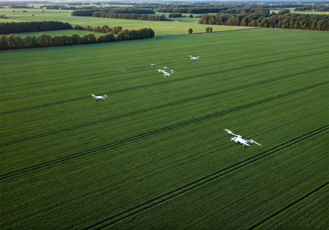 Aerial view of drones flying over lush green farmland. 35mm stock photo
