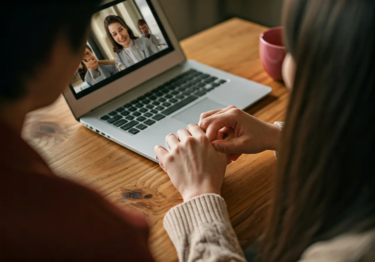 A couple holding hands while video chatting on a laptop. 35mm stock photo