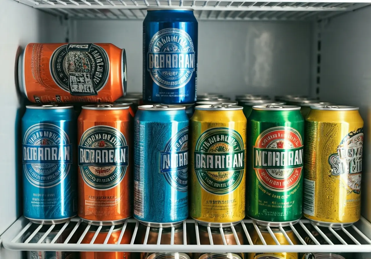 A variety of vibrant non-alcoholic beer cans in a fridge. 35mm stock photo