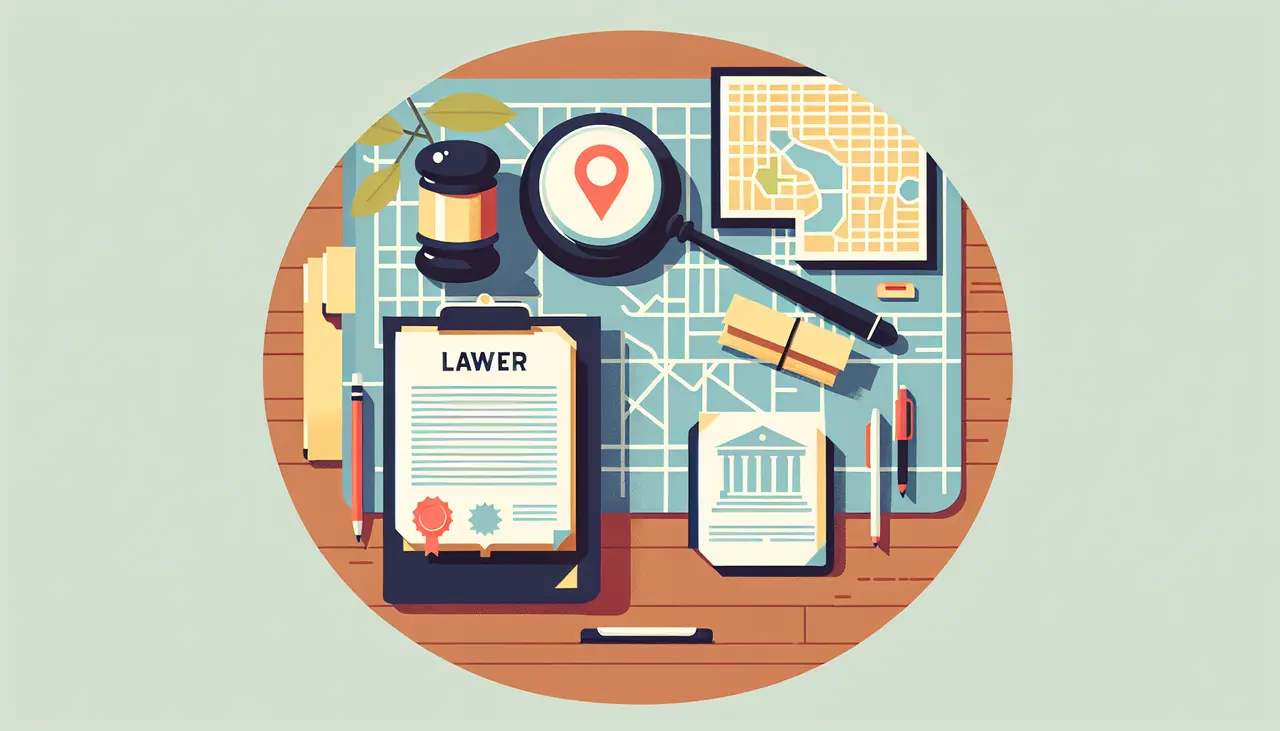 Draw a graphic in flat design style. A minimalist flat design illustration of a lawyer’s office desk with a gavel, legal documents, and a small map pinpointing Beverly Hills.