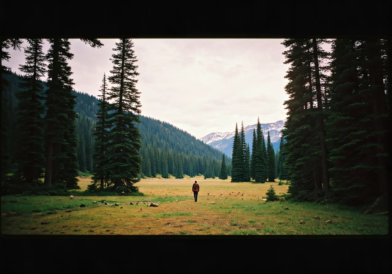 A person alone in a serene, open natural landscape. 35mm stock photo