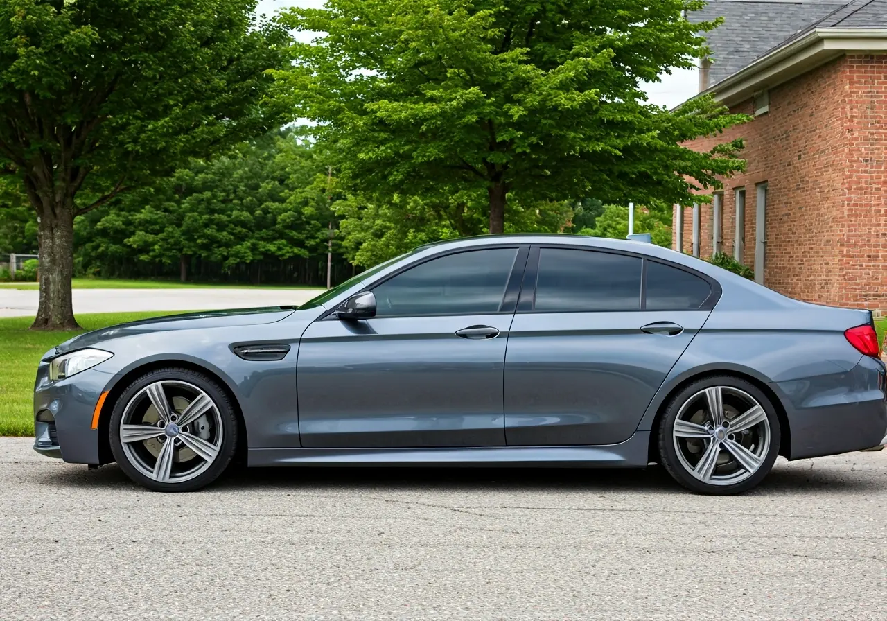 A sleek car with tinted windows parked in Mocksville. 35mm stock photo