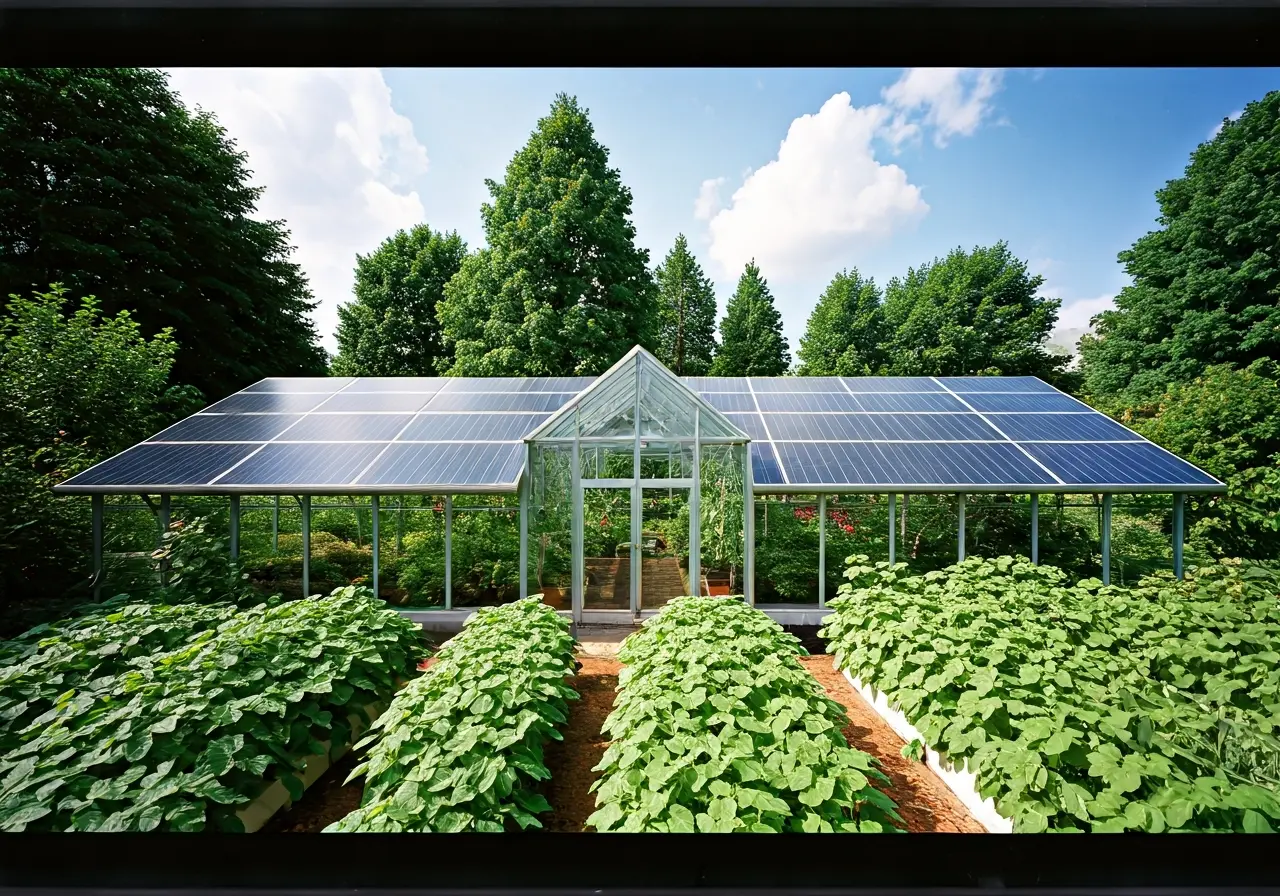 A modern greenhouse with solar panels and vertical gardens. 35mm stock photo
