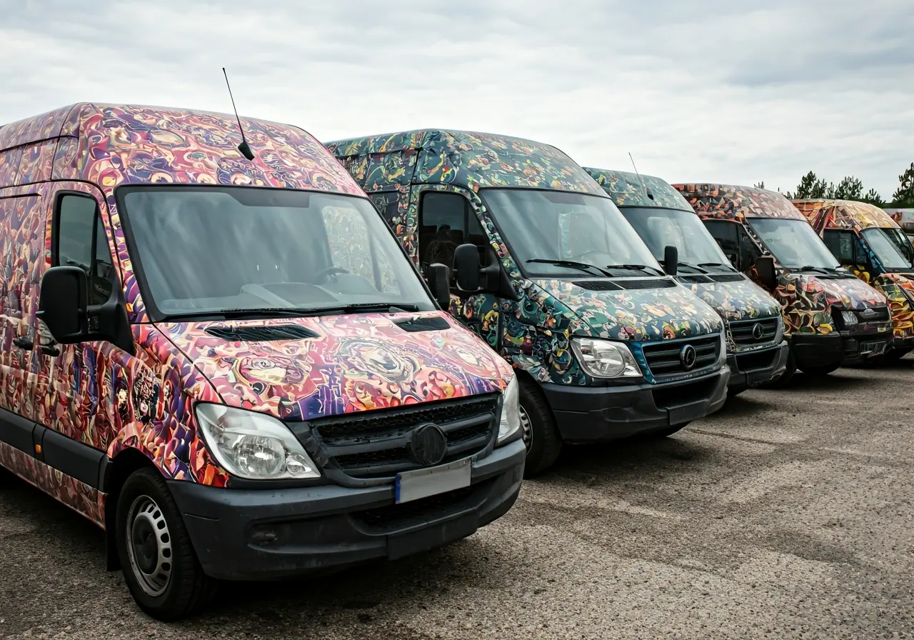 Fleet of vibrant, wrapped commercial vehicles parked in a row. 35mm stock photo
