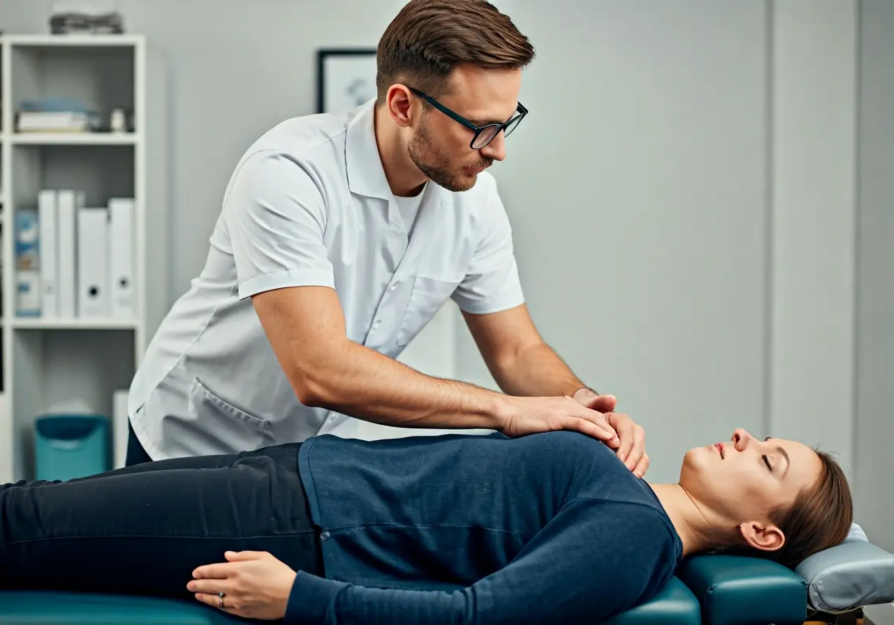 A chiropractor adjusting a patient&rsquo;s spine in a clinic. 35mm stock photo