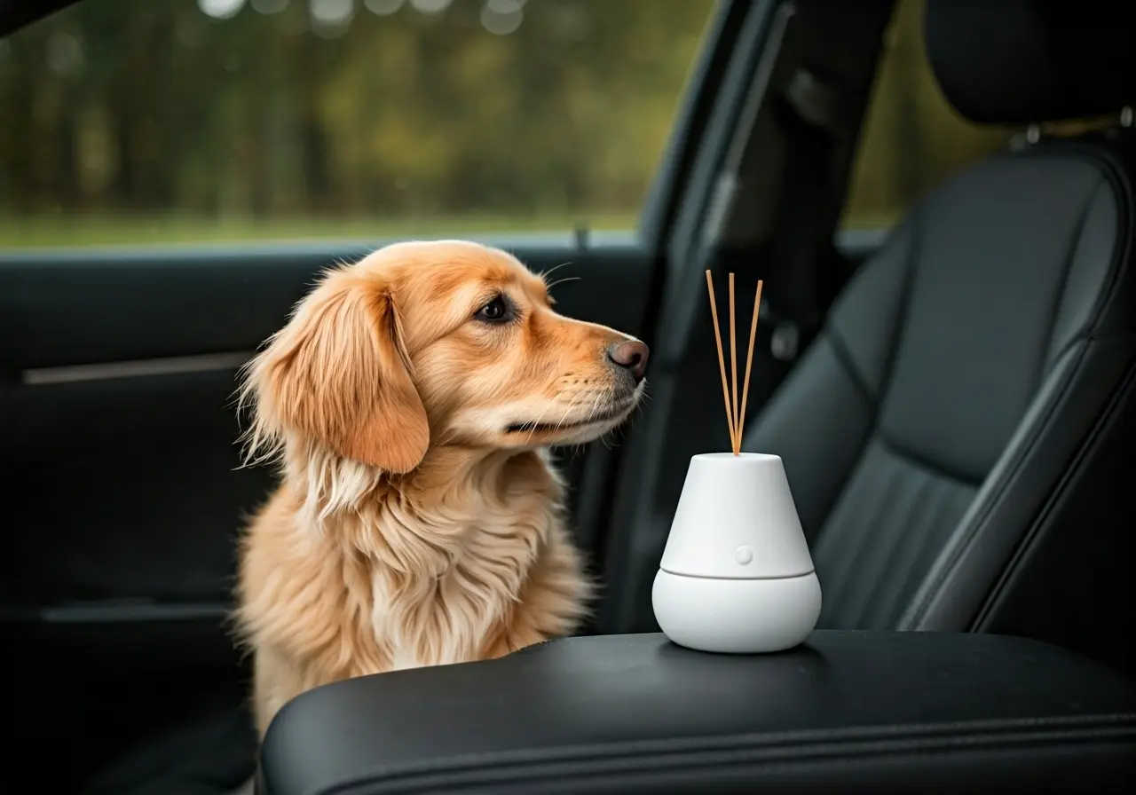 A dog in a car enjoying a calming fragrance diffuser. 35mm stock photo
