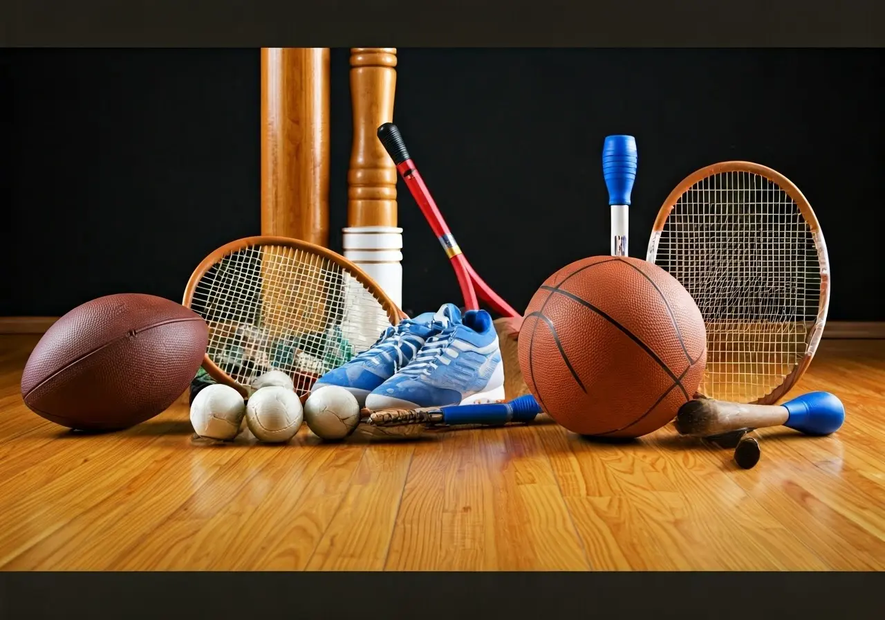 Various sports equipment arranged on a wooden floor. 35mm stock photo