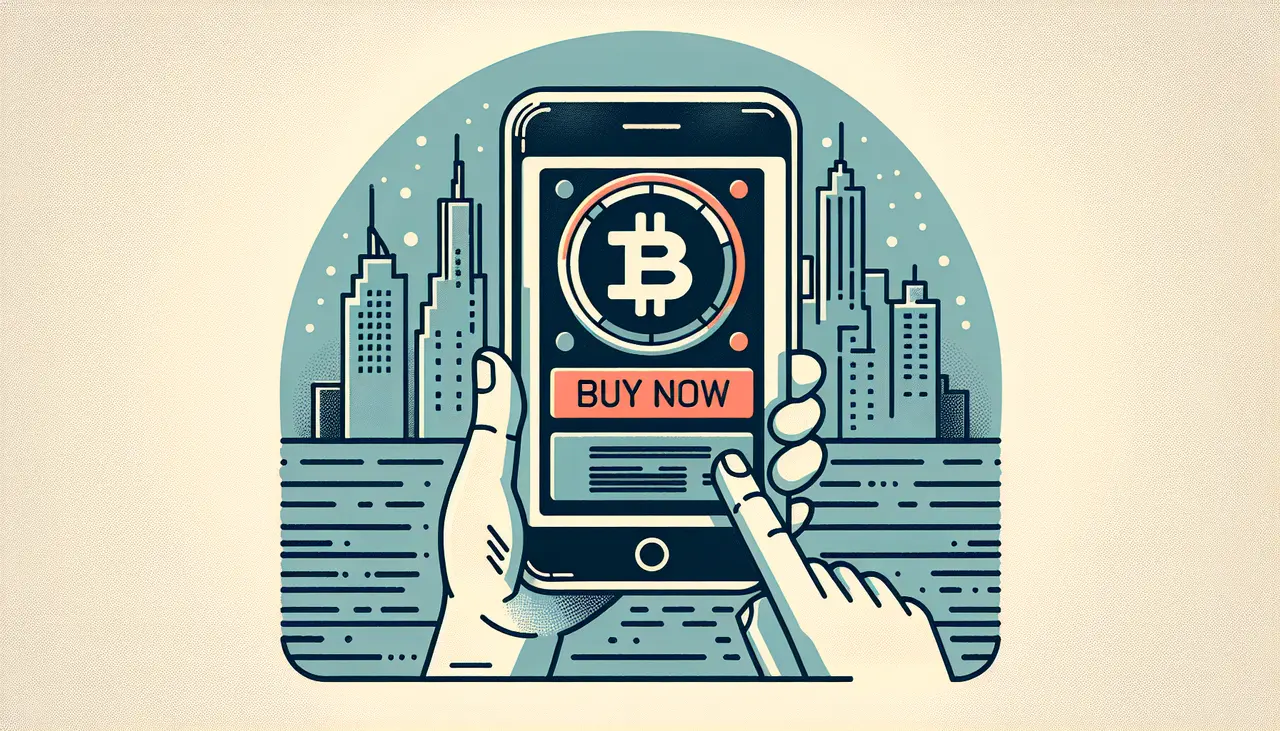 Draw a graphic in flat design style. A streamlined, flat design illustration of a smartphone screen displaying a simple, user-friendly Bitcoin purchase interface with a large Buy Now button, set against a minimalistic city skyline background.