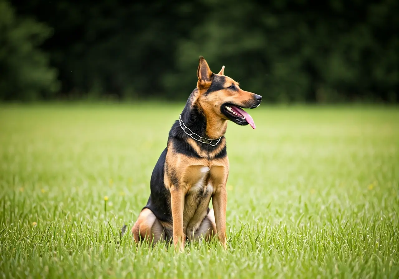 A friendly dog sitting attentively in a training session. 35mm stock photo