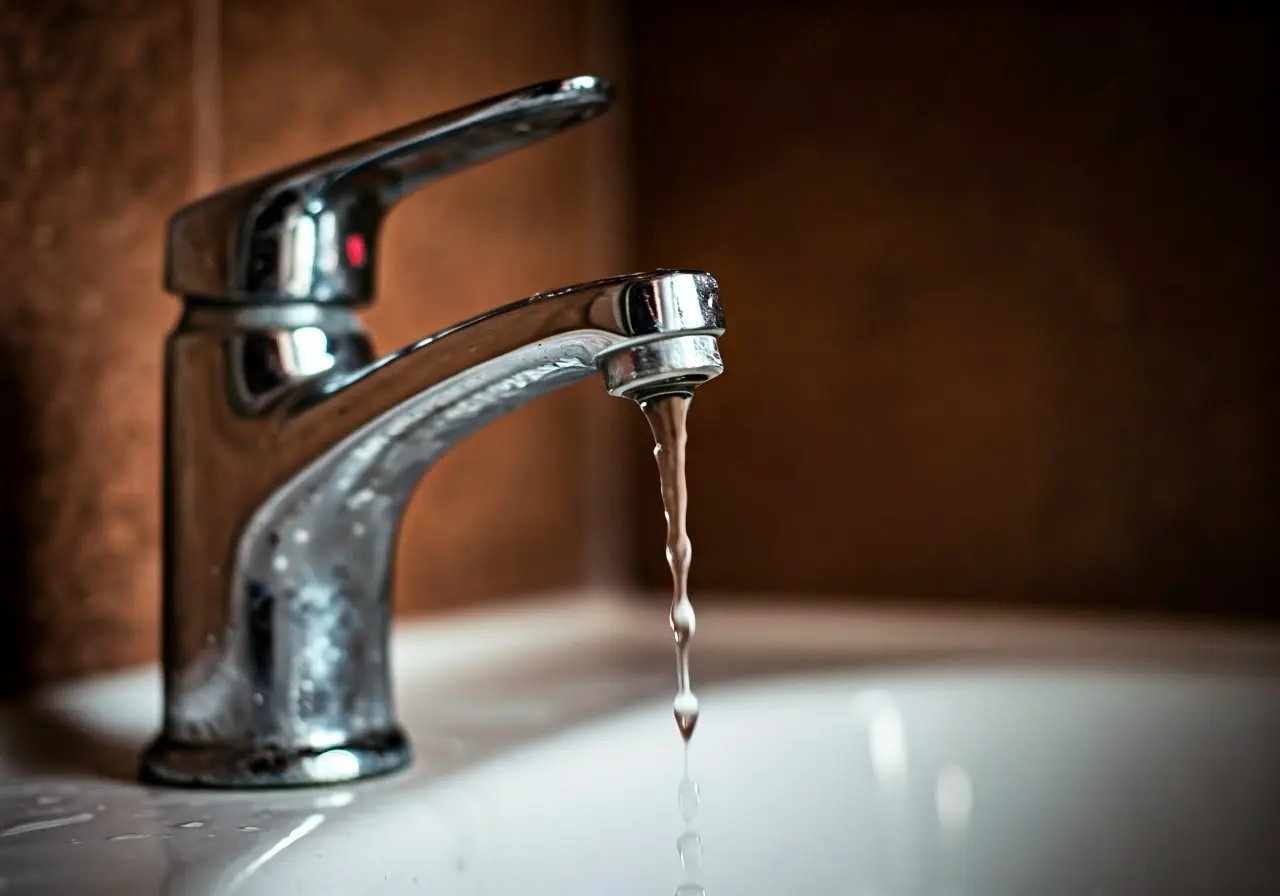 Close-up of a leaky faucet dripping water into a sink. 35mm stock photo