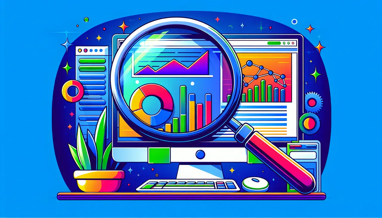 Draw a graphic in flat design style. A magnifying glass focusing on a computer screen displaying analytical graphs and a search engine results page, symbolizing an SEO audit in flat design style.