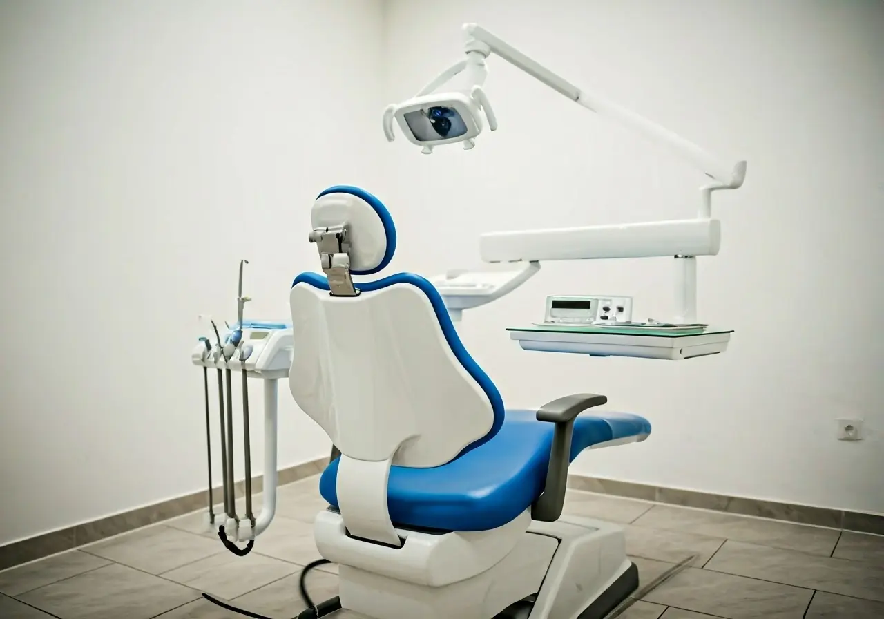 A serene dental clinic with sparkling white equipment. 35mm stock photo