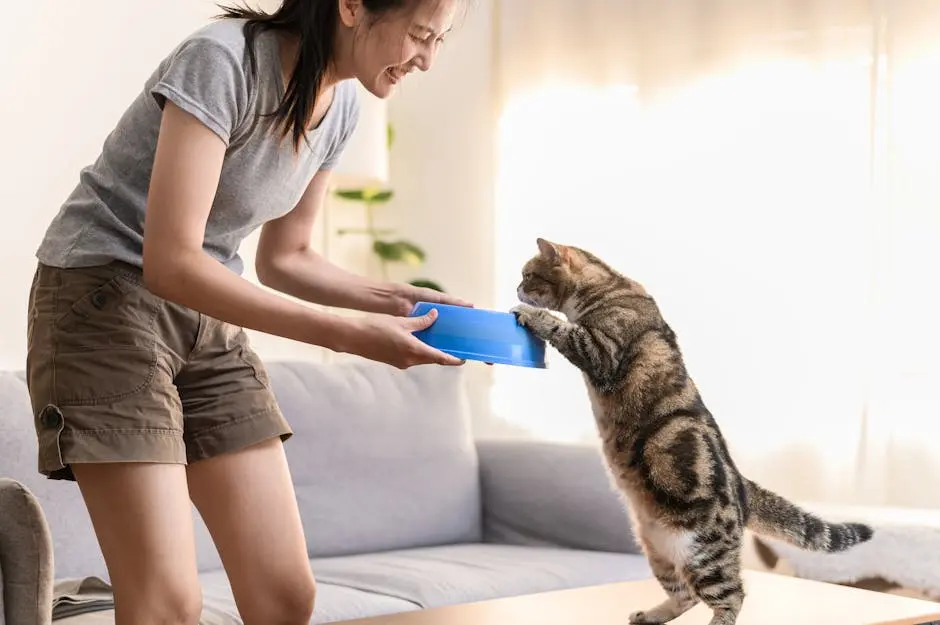 Young Asian woman cat owner giving food to her cute domestic cat at home. Adorable shorthair cat be feed by owner in living room. Human and pet relation domestic lifestyle concept. Focus o&hellip;