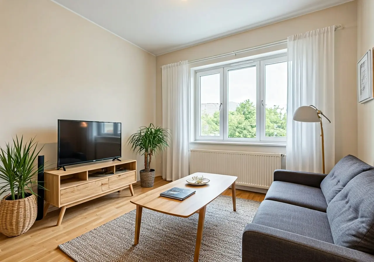 A cozy, inviting furnished short-term rental living room setup. 35mm stock photo