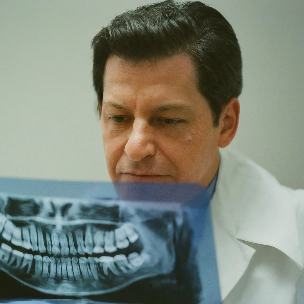 Dentist examining an X-ray of a tooth. 35mm stock photo