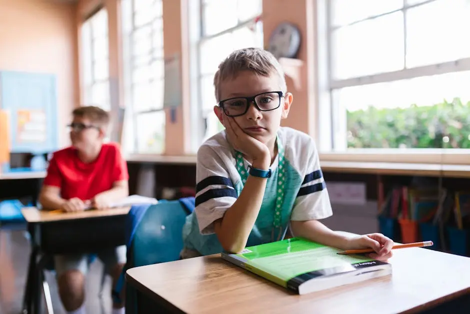 Young boy with glasses in a classroom, pen in hand, looking thoughtful.