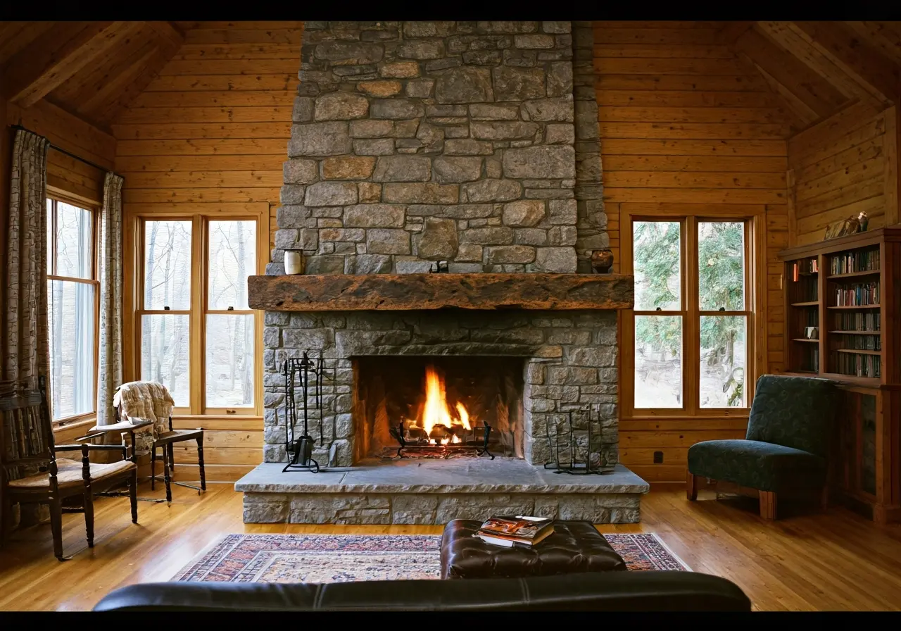 A rustic stone fireplace in a cozy Hudson Valley living room. 35mm stock photo