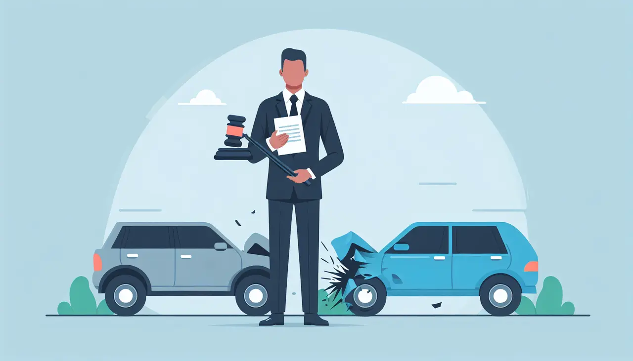Draw a graphic in flat design style. A flat design illustration of a car crash scene with two cars, showing a person in a business suit holding a legal document, representing a Lyft accident lawyer, on a minimalist background.