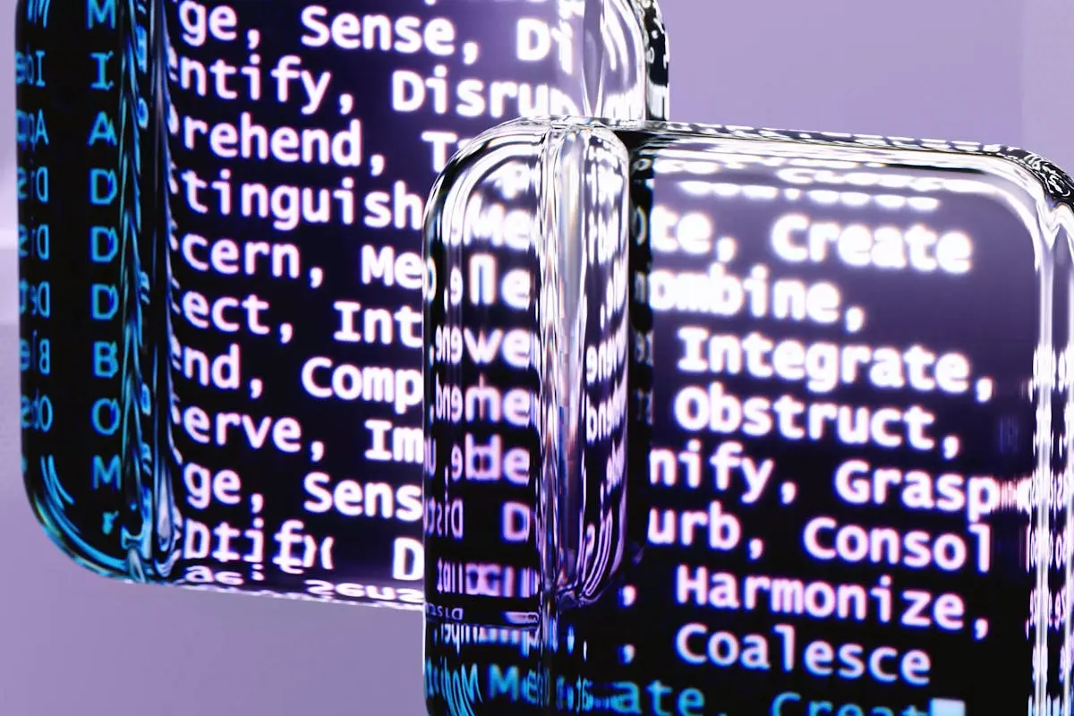 Abstract glass surfaces reflecting digital text create a mysterious tech ambiance. prompts