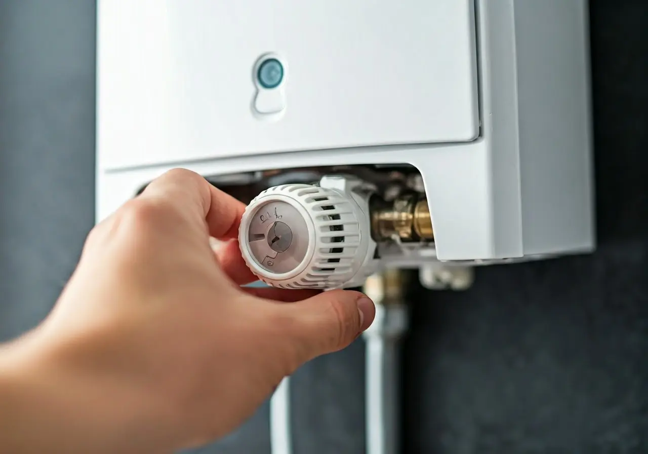 A hand adjusting a thermostat next to a boiler. 35mm stock photo