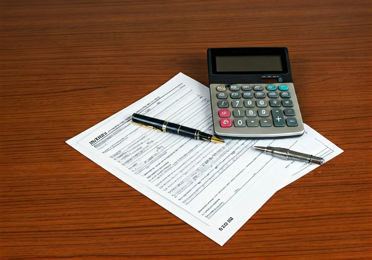 A calculator and tax documents on a wooden desk. 35mm stock photo