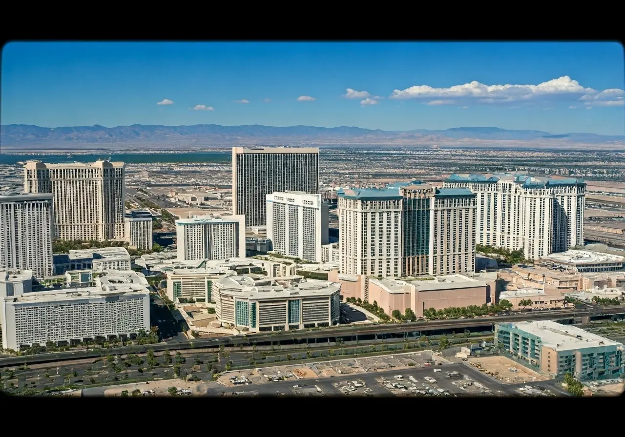 Aerial view of Las Vegas cityscape with corporate buildings. 35mm stock photo