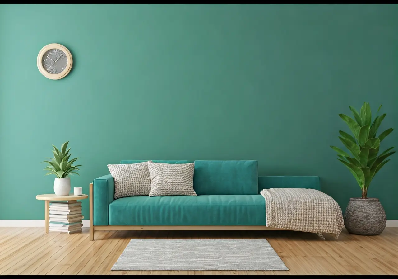 A tidy, minimalist living room with fresh paint and decor. 35mm stock photo