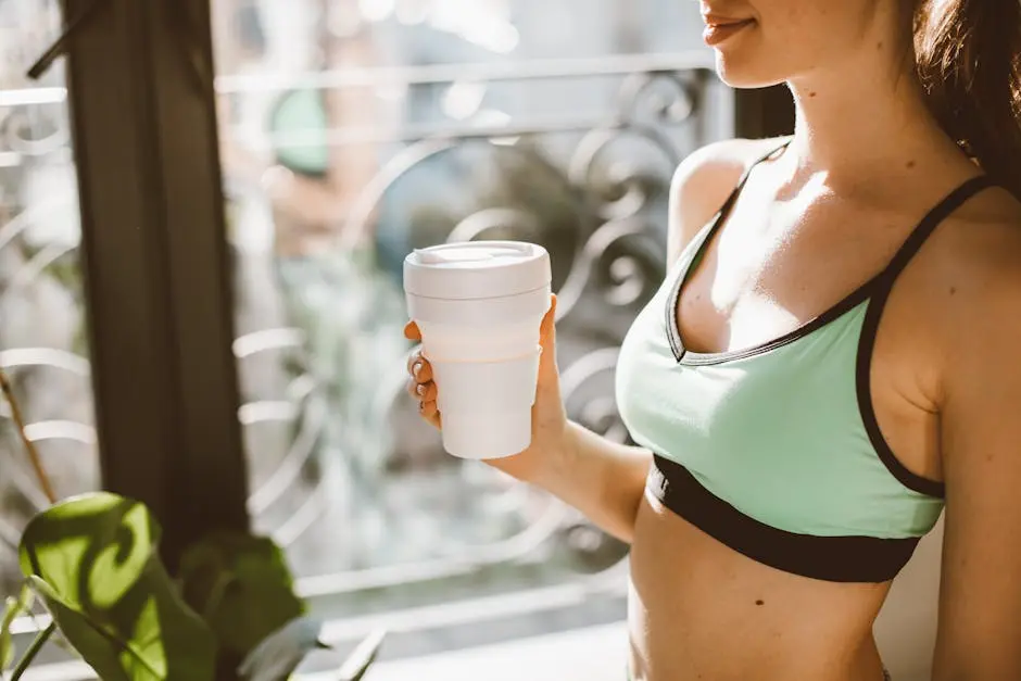 A woman in activewear holding a reusable collapsible cup, promoting eco-friendly lifestyle.