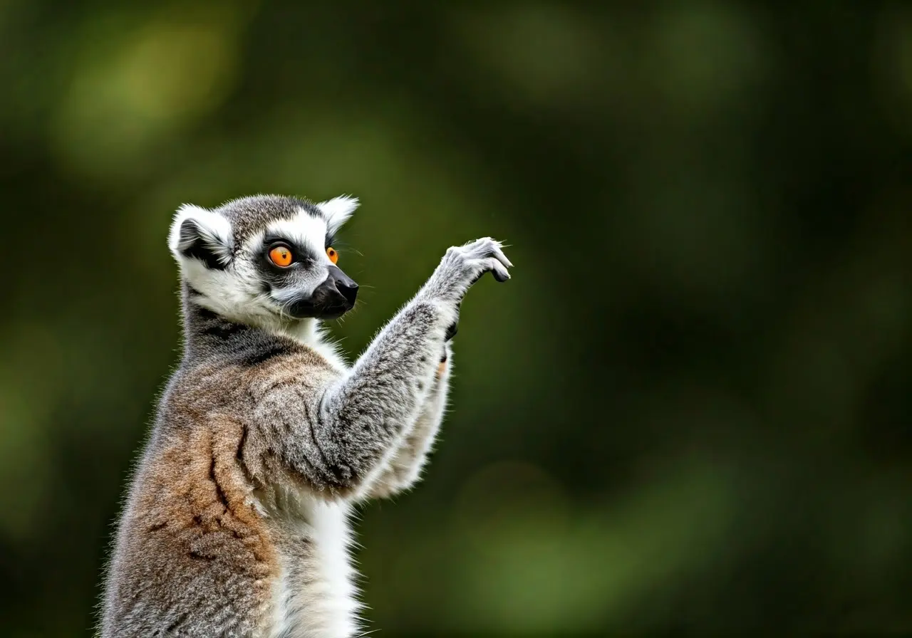 A lemur playfully interacts with a bright, colorful parrot. 35mm stock photo