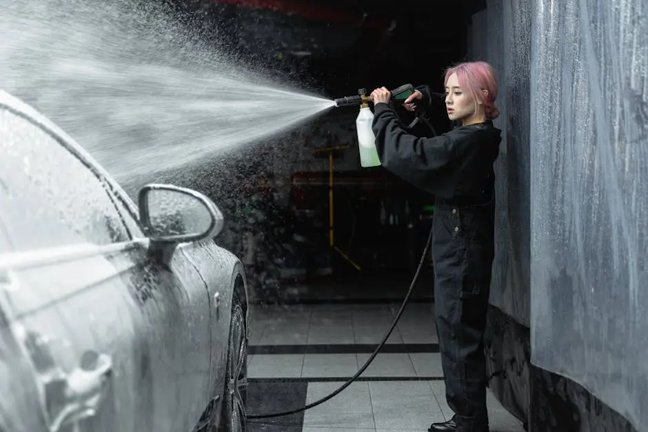 Young woman cleaning a car with a high-pressure hose inside a garage, creating a splash of water and foam.