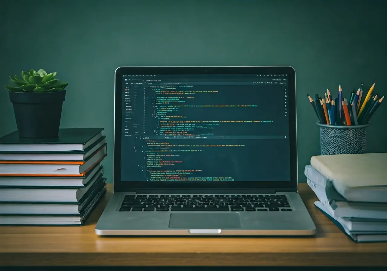 A cluttered desk with coding books and a laptop. 35mm stock photo