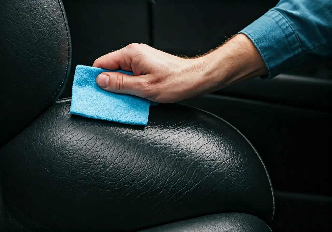 A close-up of a hand applying cleaner to a leather seat. 35mm stock photo