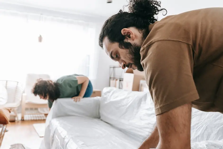 A couple wrapping furniture in a bright apartment, preparing to move.