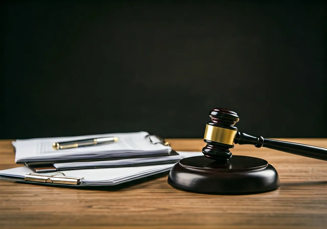 A gavel and legal documents on a wooden desk. 35mm stock photo