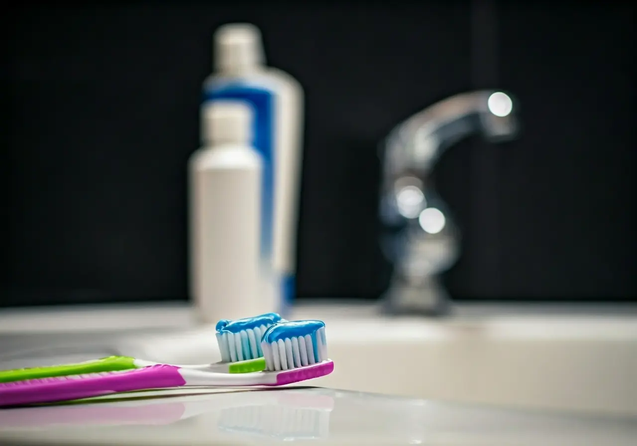 Colorful toothbrushes and toothpaste on a sparkling clean sink. 35mm stock photo