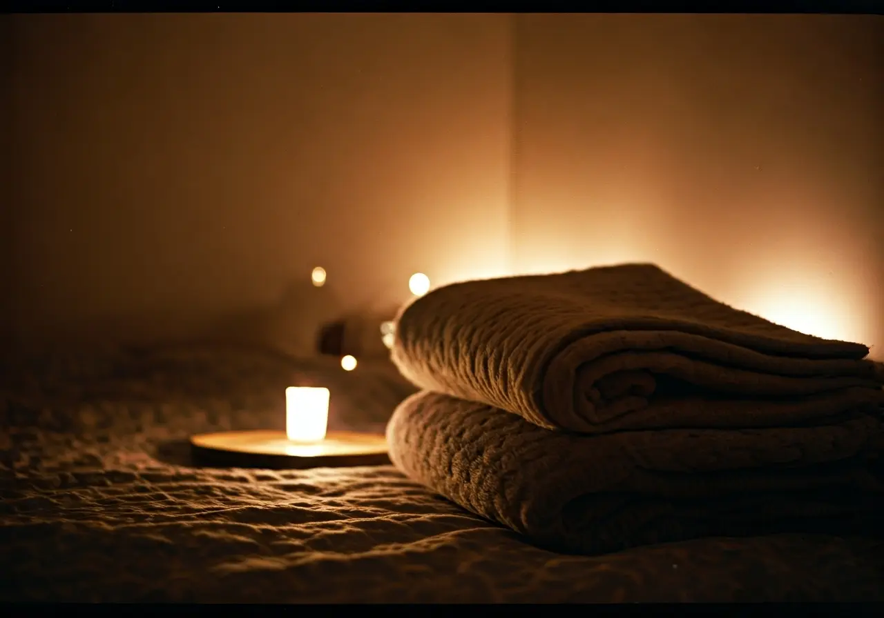 A serene home with dim lighting and soft, cozy blankets. 35mm stock photo