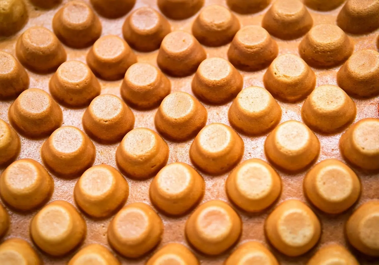 A close-up of a golden-brown, freshly made egg waffle. 35mm stock photo