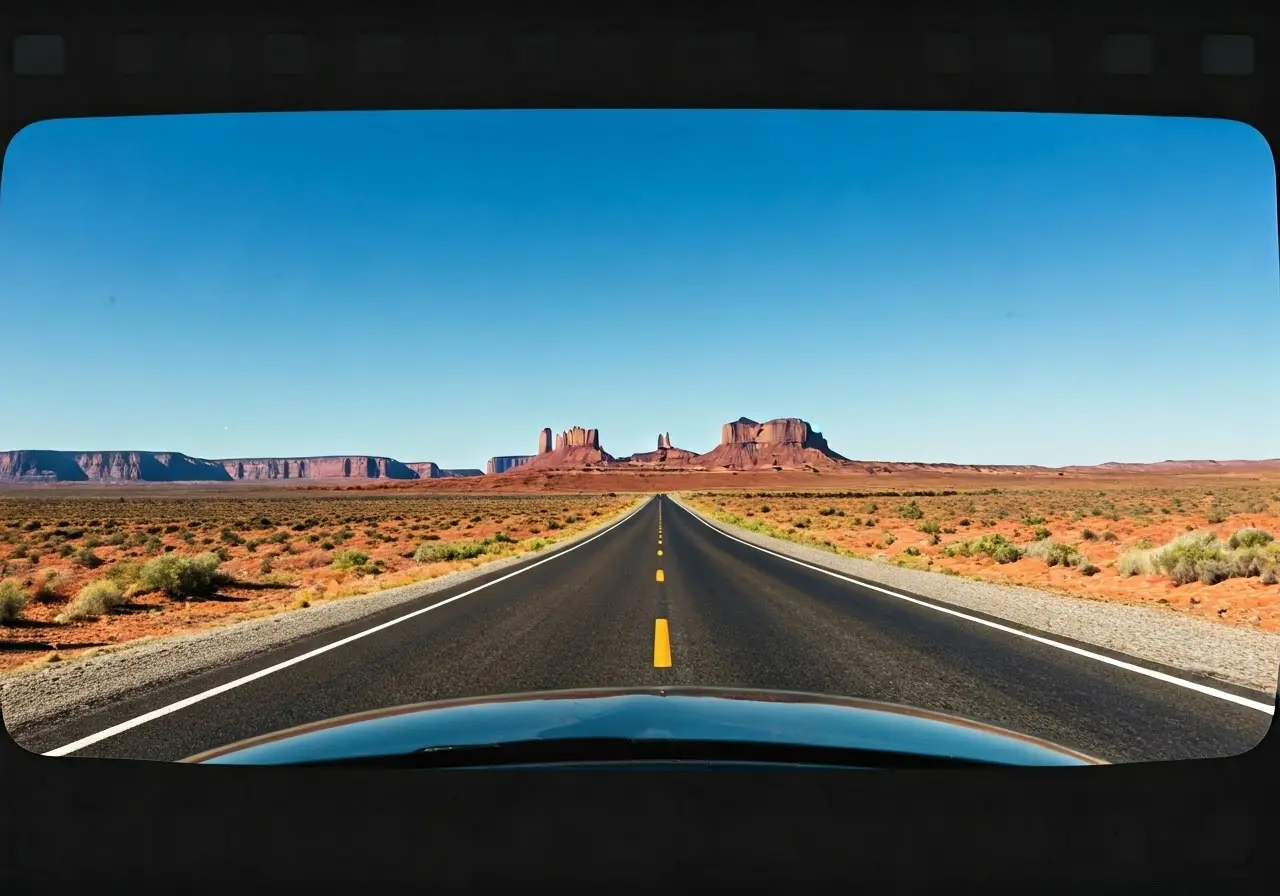 A clear windshield with a scenic desert road backdrop. 35mm stock photo