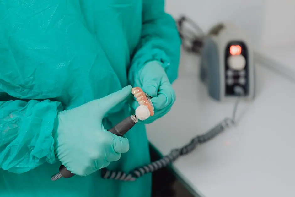 Close-up of a dentist polishing dentures with precision in a sterile clinic.