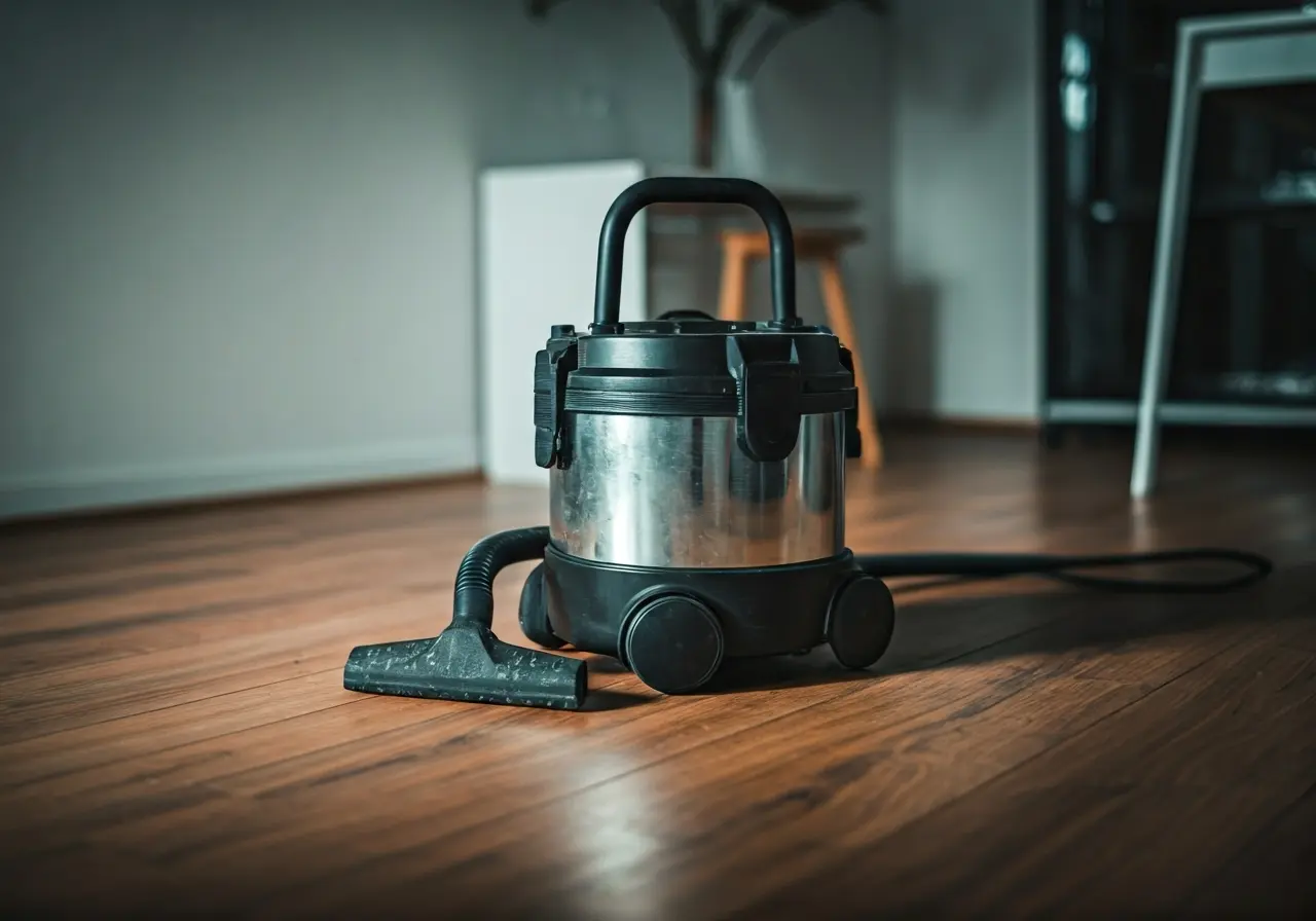 An industrial HEPA vacuum cleaning modern workspace floor. 35mm stock photo