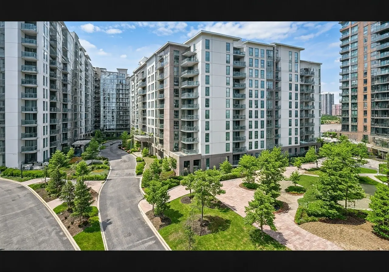 An aerial view of a modern condo complex. 35mm stock photo