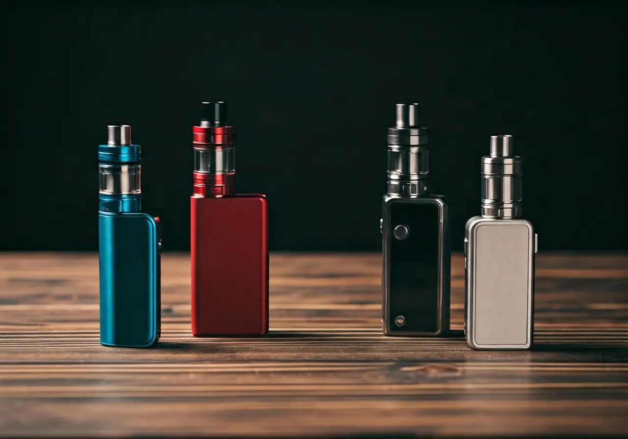 Colorful vape devices arranged neatly on a wooden table. 35mm stock photo