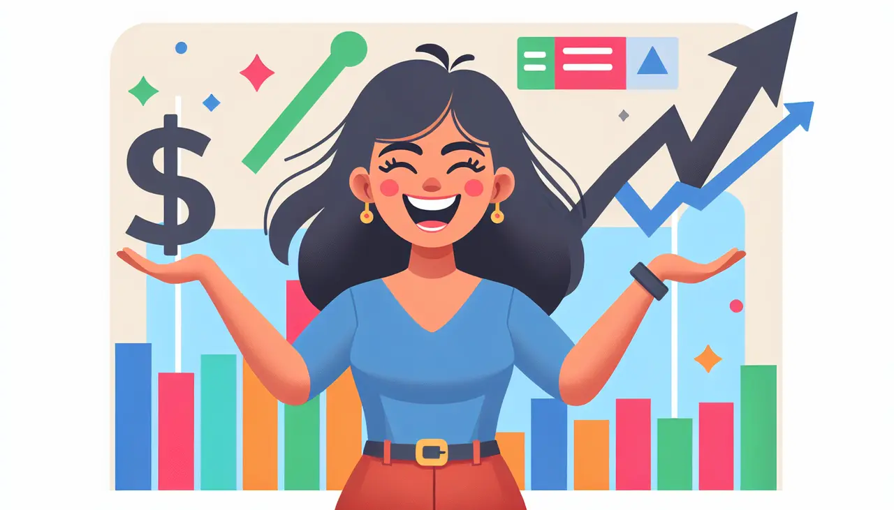 Draw a graphic in flat design style. An illustration of a small business owner happily holding a growing bar chart and a dollar sign, with simple, colorful geometric shapes in the background.