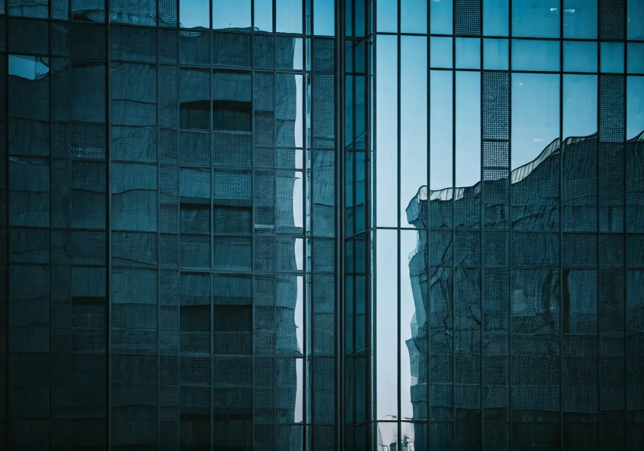 Modern office building exterior with reflective glass windows. 35mm stock photo