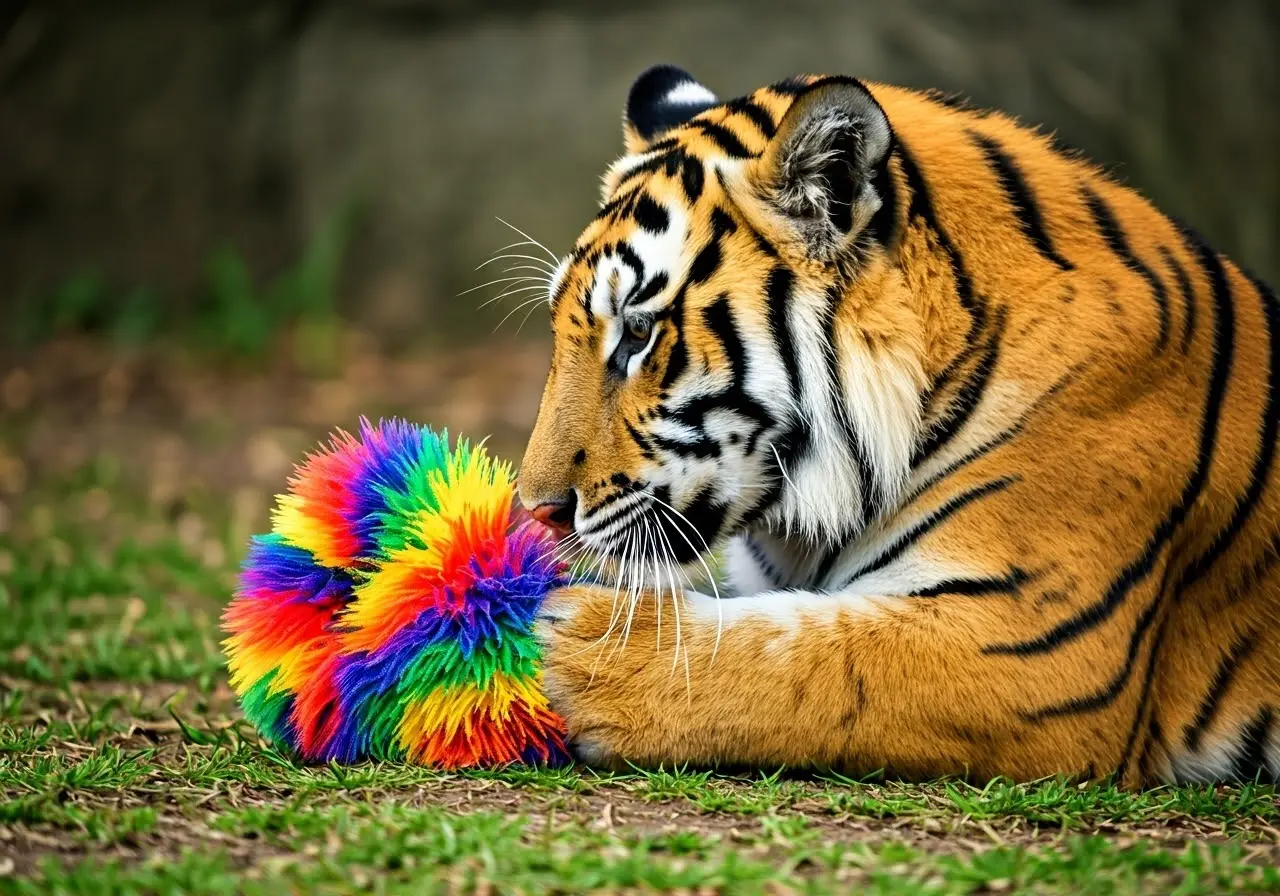 A tiger playing with a colorful enrichment toy. 35mm stock photo