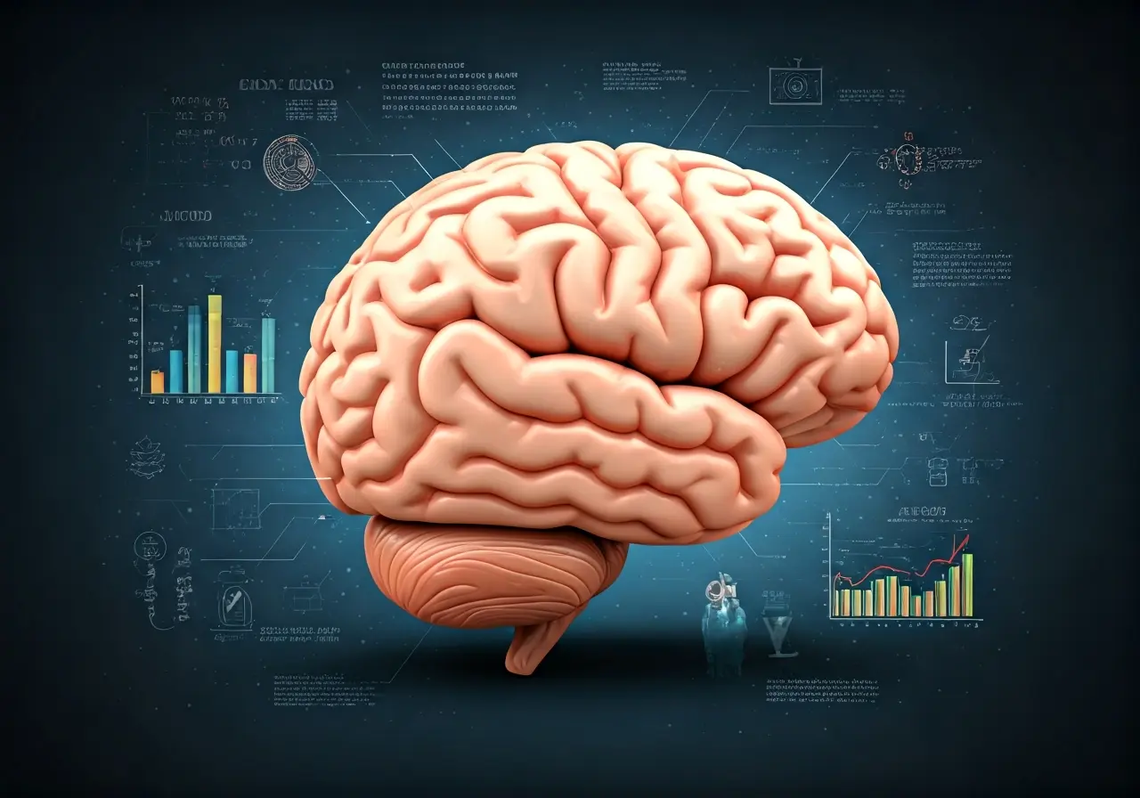 A brain illustration with ADHD-related symbols and graphs. 35mm stock photo
